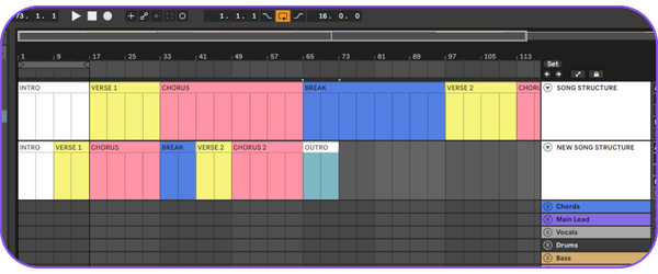 Use MIDI clips to create a schema of the structure before and after
